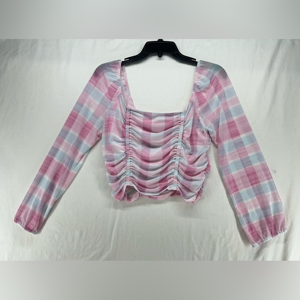 BCBGeneration Mesh Gingham Plaid Long Sleeve Ruched Crop Top Size L Pink